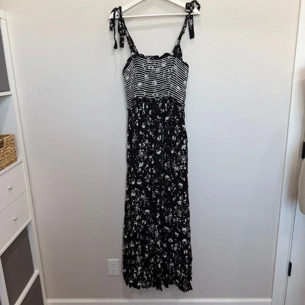 Free People M Black Floral Color My World Wide Leg Jumpsuit Anthropologie Boho